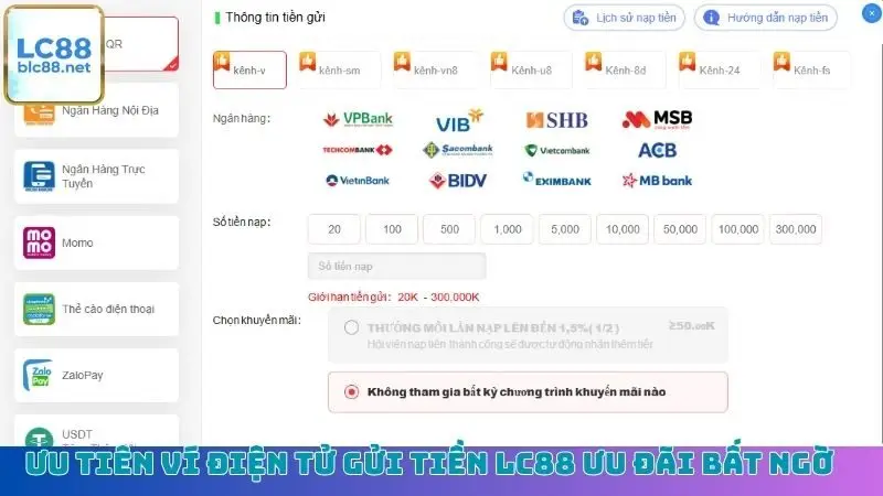 Ưu tiên ví điện tử gửi tiền LC88 ưu đãi bất ngờ